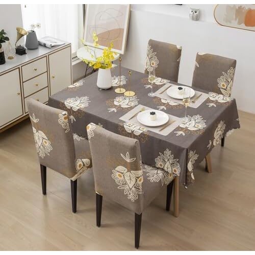 House Of Quirk Dining Chair Cover With Table Covers For Kitchen Waterproof Dining Table Cloth (Beige Brocade, 1 Table Cover + 4 Chair Cover) Polyester,Rectangular