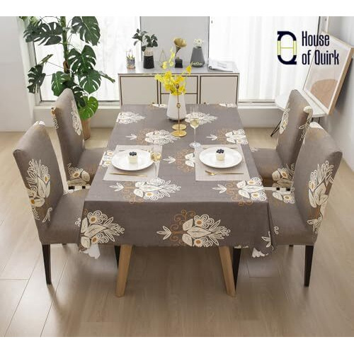 House Of Quirk Dining Chair Cover With Table Covers For Kitchen Waterproof Dining Table Cloth (Beige Brocade, 1 Table Cover + 4 Chair Cover) Polyester,Rectangular
