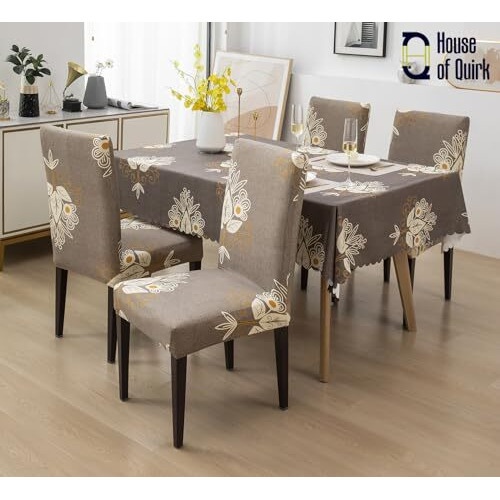 House Of Quirk Dining Chair Cover With Table Covers For Kitchen Waterproof Dining Table Cloth (Beige Brocade, 1 Table Cover + 4 Chair Cover) Polyester,Rectangular