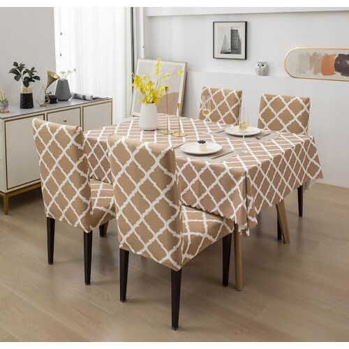 House Of Quirk Polyester Dining Chair Cover With Table Covers For Kitchen Waterproof Dining Table Cloth (Beige Diamond, 1 Table Cover + 4 Chair Cover, Rectangular)