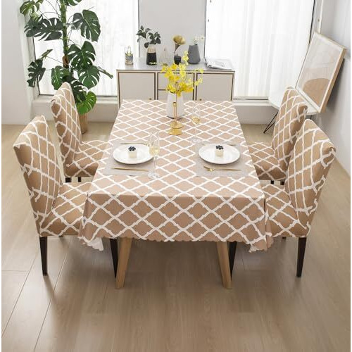 House Of Quirk Polyester Dining Chair Cover With Table Covers For Kitchen Waterproof Dining Table Cloth (Beige Diamond, 1 Table Cover + 4 Chair Cover, Rectangular)