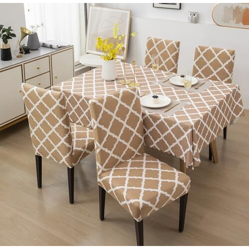 House Of Quirk Polyester Dining Chair Cover With Table Covers For Kitchen Waterproof Dining Table Cloth (Beige Diamond, 1 Table Cover + 4 Chair Cover, Rectangular)