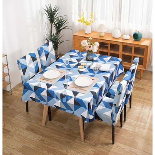 House Of Quirk Dining Chair Cover With Table Covers For Kitchen Waterproof Dining Table Cloth (Blue Obtuse Traingle, 1 Table Cover + 6 Chair Cover)
