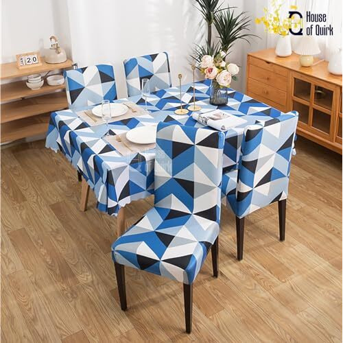 House Of Quirk Dining Chair Cover With Table Covers For Kitchen Waterproof Dining Table Cloth (Blue Obtuse Traingle, 1 Table Cover + 6 Chair Cover)