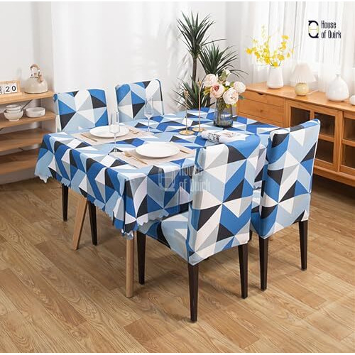 House Of Quirk Dining Chair Cover With Table Covers For Kitchen Waterproof Dining Table Cloth (Blue Obtuse Traingle, 1 Table Cover + 6 Chair Cover)