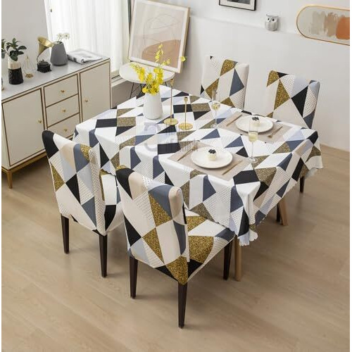 House Of Quirk Dining Chair Cover With Table Covers For Kitchen Waterproof Dining Table Cloth (Classic Beige, 1 Table Cover + 4 Chair Cover)