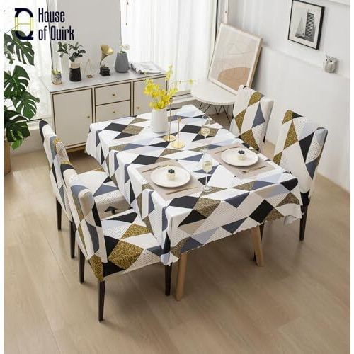 House Of Quirk Dining Chair Cover With Table Covers For Kitchen Waterproof Dining Table Cloth (Classic Beige, 1 Table Cover + 4 Chair Cover)