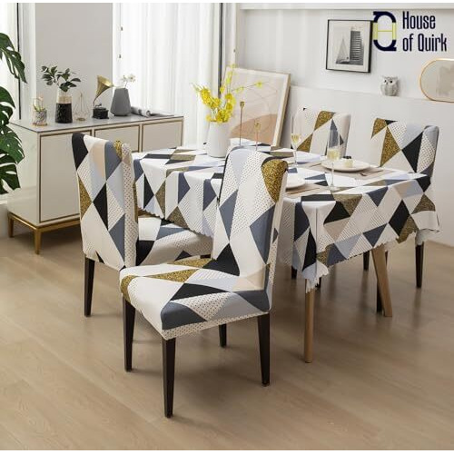 House Of Quirk Dining Chair Cover With Table Covers For Kitchen Waterproof Dining Table Cloth (Classic Beige, 1 Table Cover + 4 Chair Cover)
