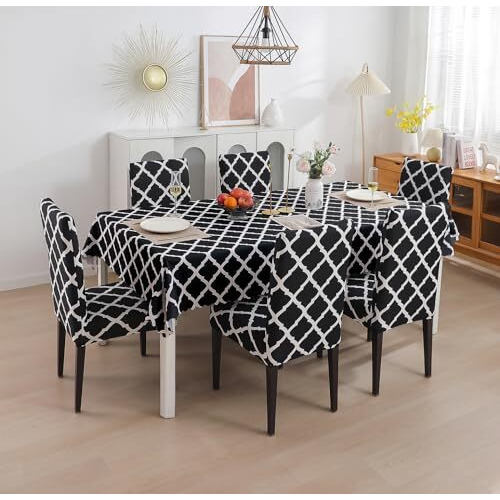 House Of Quirk Polyvinyl Chloride (Pvc) Dining Chair Cover With Rectangular Table Covers For Kitchen Waterproof Dining Table Cloth (Black Diamond, 1 Table Cover + 6 Chair Cover)