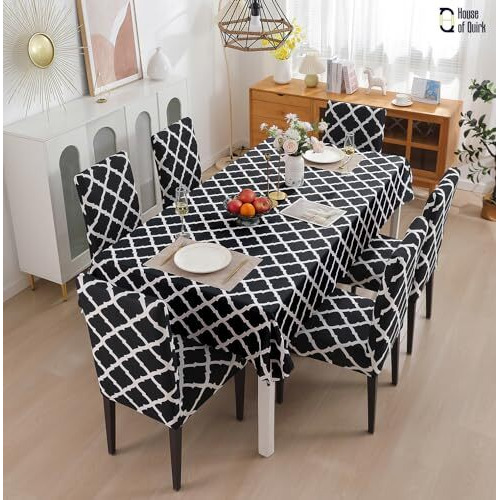 House Of Quirk Polyvinyl Chloride (Pvc) Dining Chair Cover With Rectangular Table Covers For Kitchen Waterproof Dining Table Cloth (Black Diamond, 1 Table Cover + 6 Chair Cover)