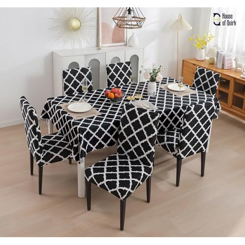 House Of Quirk Polyvinyl Chloride (Pvc) Dining Chair Cover With Rectangular Table Covers For Kitchen Waterproof Dining Table Cloth (Black Diamond, 1 Table Cover + 6 Chair Cover)