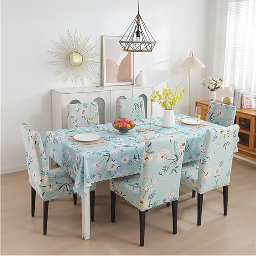 House Of Quirk Dining Chair Cover With Table Covers For Kitchen Waterproof Dining Table Cloth (Pastel Green Flower, 1 Table Cover + 6 Chair Cover)