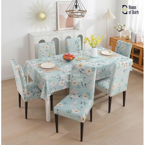 House Of Quirk Dining Chair Cover With Table Covers For Kitchen Waterproof Dining Table Cloth (Pastel Green Flower, 1 Table Cover + 6 Chair Cover)