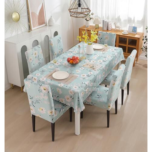 House Of Quirk Dining Chair Cover With Table Covers For Kitchen Waterproof Dining Table Cloth (Pastel Green Flower, 1 Table Cover + 6 Chair Cover)