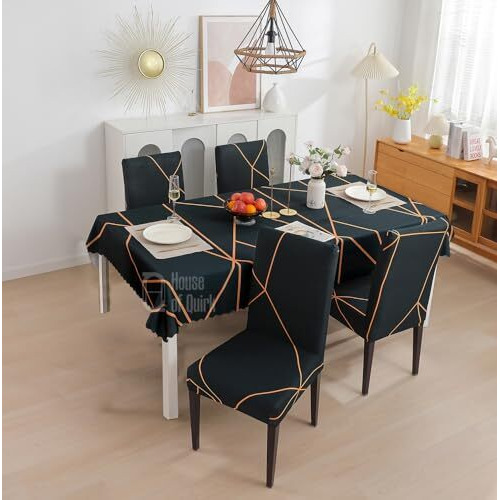 House Of Quirk Dining Chair Cover With Table Covers For Kitchen Waterproof Dining Table Cloth (Green Gold Prism, 1 Table Cover + 4 Chair Cover)
