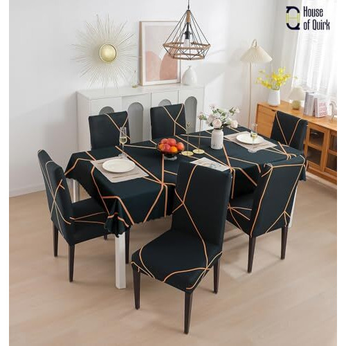 House Of Quirk Dining Chair Cover With Table Covers For Kitchen Waterproof Dining Table Cloth (Green Gold Prism, 1 Table Cover + 4 Chair Cover)