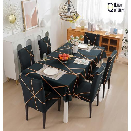 House Of Quirk Dining Chair Cover With Table Covers For Kitchen Waterproof Dining Table Cloth (Green Gold Prism, 1 Table Cover + 4 Chair Cover)