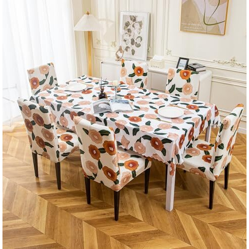 House Of Quirk Dining Table Cover Waterproof For Kitchen Dining, Polyester Table Cloth Dust And Oil Repellent, Kitchen Dcor (140X180Cm, White/Brown Flower, 1 Table Cover + 4 Chair Cover)