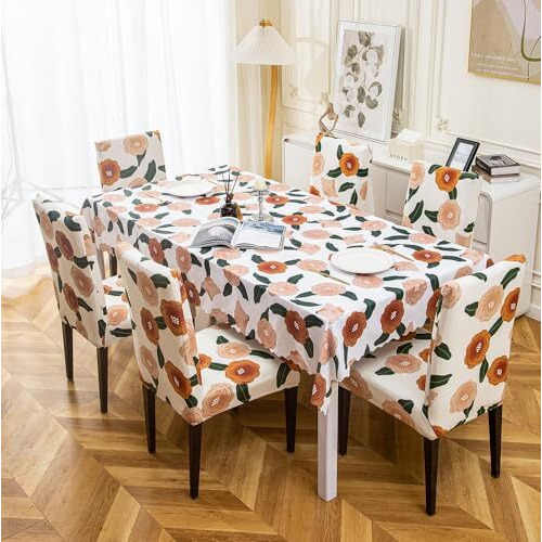 House Of Quirk Dining Table Cover Waterproof For Kitchen Dining, Polyester Table Cloth Dust And Oil Repellent, Kitchen Dcor (140X180Cm, White/Brown Flower, 1 Table Cover + 4 Chair Cover)