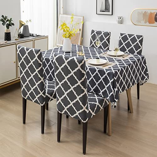 House Of Quirk Polyvinyl Chloride (Pvc) Dining Chair Cover With Table Covers For Kitchen Waterproof Dining Rectangular Table Cloth (Grey Diamond, 1 Table Cover + 6 Chair Cover)