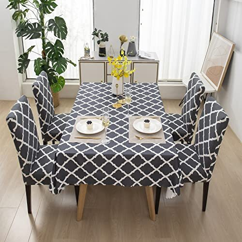 House Of Quirk Polyvinyl Chloride (Pvc) Dining Chair Cover With Table Covers For Kitchen Waterproof Dining Rectangular Table Cloth (Grey Diamond, 1 Table Cover + 6 Chair Cover)