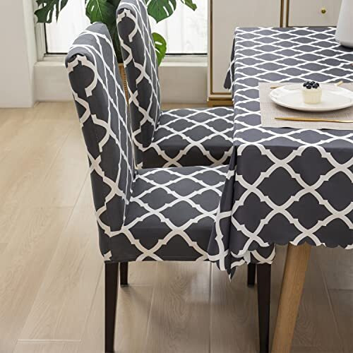 House Of Quirk Polyvinyl Chloride (Pvc) Dining Chair Cover With Table Covers For Kitchen Waterproof Dining Rectangular Table Cloth (Grey Diamond, 1 Table Cover + 6 Chair Cover)