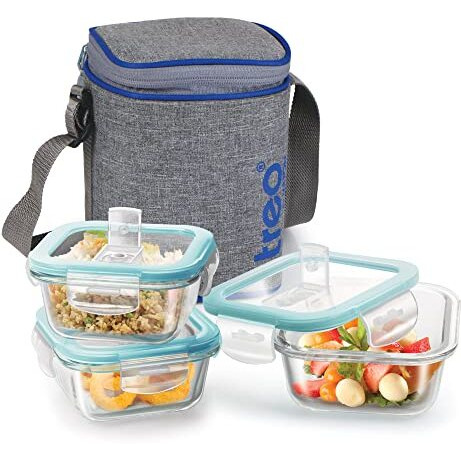 Treo By Milton All Fresh Square Glass Lunch Box Set Of 3, Clear, 320Ml Each, With Lunch Bag, Microwave & Dishwasher Safe, Leak Proof Containers, Borosilicate Glass, Office Tiffin, Grey