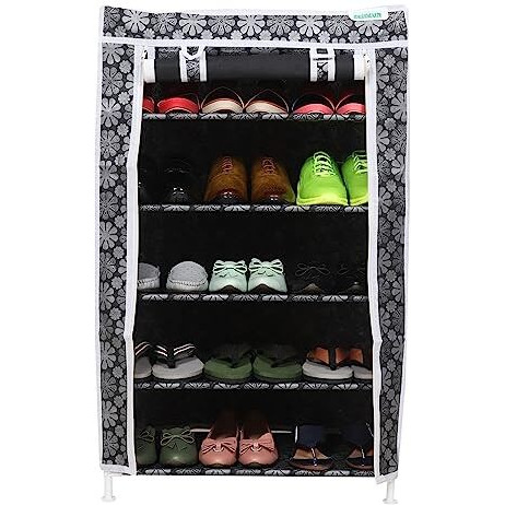 Flipzon Multipurpose 5 Shelves Shoe Rack With Zip Door Cover & Side Pockets, Multiuse Storage Rack For Footwear, Toys, Clothes With Dustproof Cover (5 Shelves, Black Flower)
