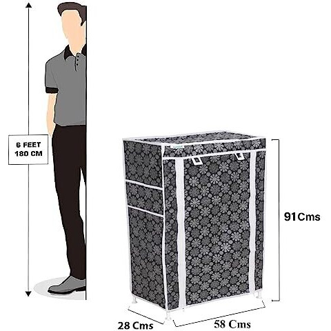 Flipzon Multipurpose 5 Shelves Shoe Rack With Zip Door Cover & Side Pockets, Multiuse Storage Rack For Footwear, Toys, Clothes With Dustproof Cover (5 Shelves, Black Flower)