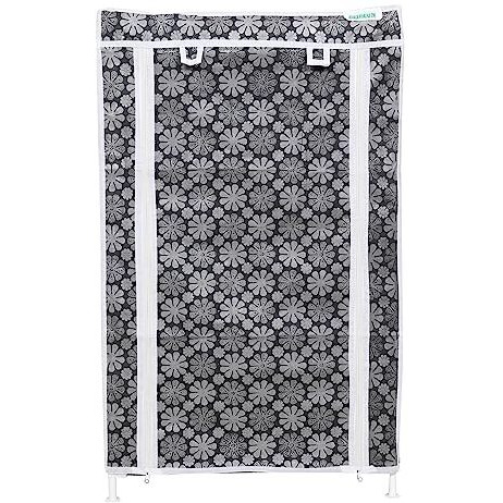 Flipzon Multipurpose 5 Shelves Shoe Rack With Zip Door Cover & Side Pockets, Multiuse Storage Rack For Footwear, Toys, Clothes With Dustproof Cover (5 Shelves, Black Flower)