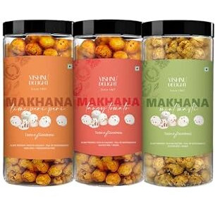 Vishnu Delight Roasted Makhana Combo Pack - 3 Of 90G Each Flavor - Mint Masti, Fiery Peri Peri, Tangy Tomato - Crunchy, Deliciously, And Full Of Flavorful Indian Spices Snacks