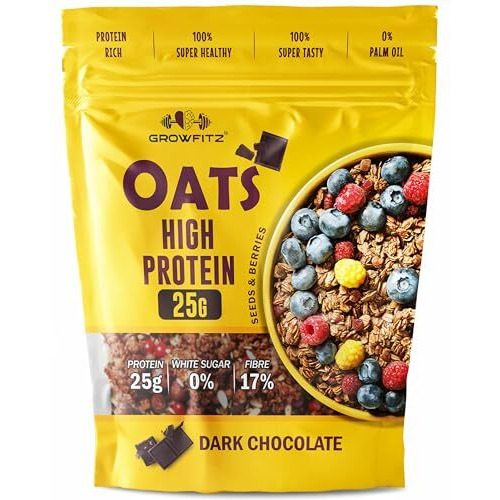 Growfitz 25G High Protein Oats Xxxl Pack, Dark Chocolate, No Refined Sugar, 17G Fibre, Almonds, Raisin, Pumpkin And Chia Seeds | Super Rolled Oats, Breakfast Cereals | Gluten Free (800G X 1)