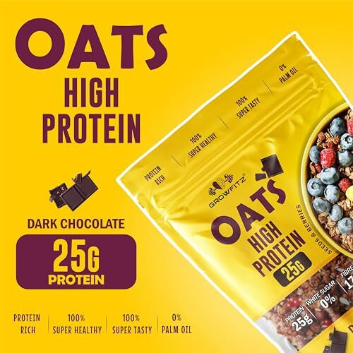 Growfitz 25G High Protein Oats Xxxl Pack, Dark Chocolate, No Refined Sugar, 17G Fibre, Almonds, Raisin, Pumpkin And Chia Seeds | Super Rolled Oats, Breakfast Cereals | Gluten Free (800G X 1)