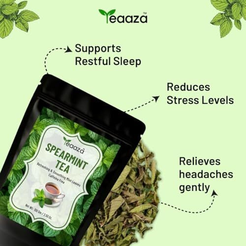 Teaaza Organic Spearmint Tea Leaves  Caffeine-Free Herbal Spearmint Tea For Pcos | Supports Hormone Balance, Acne, Facial Hair & Pcos Relief | Fresh Minty Flavor, 100% Natural, Spearmint Leaves | Loose Leaf Spearmint Herbal Tea
