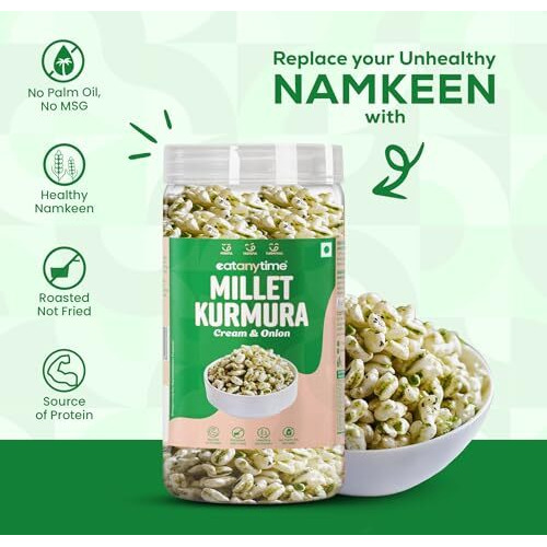 Eat Anytime Cream & Onion Millet Kurmura | Crispy, Flavorful Snack | With Rich Creamy Onion Taste | Made With Nutritious Millets | High In Fiber | Gluten-Free | Healthy Snacking (Pack Of 1)