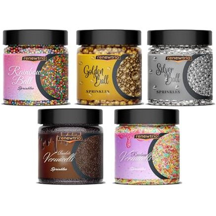 Renewtria Premium Decorative Silver And Golden Balls For Cake Decor, Sparkling Effect, Candy Sprinkles Mix For Cake Decoration, Cookie, Ice Cream Toppings 400G (80G Each, Pack Of 5)