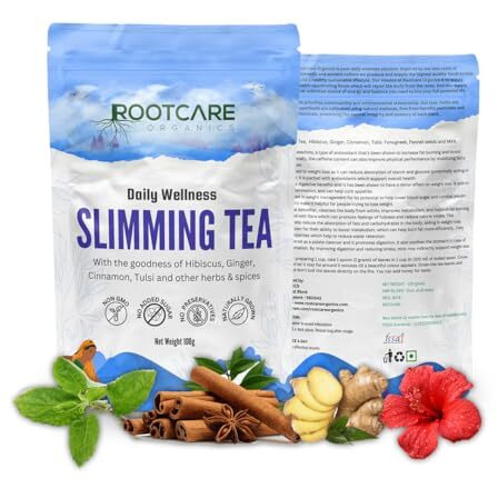 Rootcare Organics Slimming Tea | Herbal Blend With Green Tea, Hibiscus, Ginger & Cinnamon | Supports Weight Management | Natural Detox & Anti-Inflammatory | 100% Organic | 100G Pack