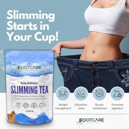 Rootcare Organics Slimming Tea | Herbal Blend With Green Tea, Hibiscus, Ginger & Cinnamon | Supports Weight Management | Natural Detox & Anti-Inflammatory | 100% Organic | 100G Pack