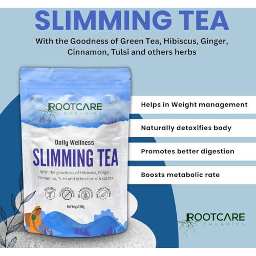 Rootcare Organics Slimming Tea | Herbal Blend With Green Tea, Hibiscus, Ginger & Cinnamon | Supports Weight Management | Natural Detox & Anti-Inflammatory | 100% Organic | 100G Pack