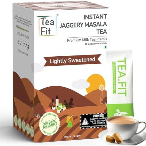 Teafit Instant Jaggery Masala Chai Premix | Desi Gud Chai | 20 Sachets (280Gm) | Just Add Water | Made With Organic Cane Jaggery, Premium Assam Tea & Aromatic Spices | Ayurvedic Spiced Chai