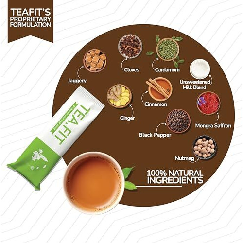 Teafit Instant Jaggery Masala Chai Premix | Desi Gud Chai | 20 Sachets (280Gm) | Just Add Water | Made With Organic Cane Jaggery, Premium Assam Tea & Aromatic Spices | Ayurvedic Spiced Chai