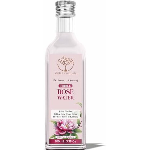 Mitti Essentials Edible Rose Water - 100% Pure & Natural - For Cooking, Kheer, Biriyani & Desserts - Made With 40Kg Of Steam Distilled Kannauj Roses - 100 Ml Glass Bottle