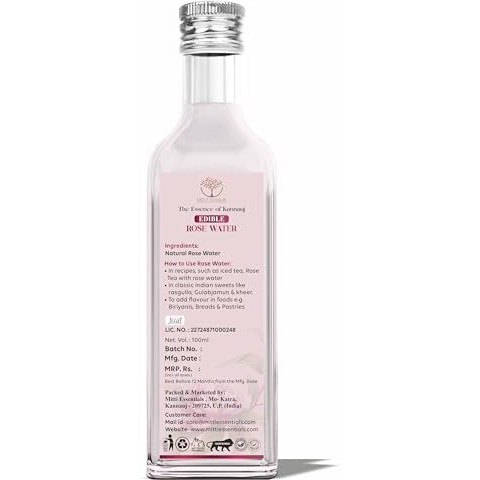 Mitti Essentials Edible Rose Water - 100% Pure & Natural - For Cooking, Kheer, Biriyani & Desserts - Made With 40Kg Of Steam Distilled Kannauj Roses - 100 Ml Glass Bottle