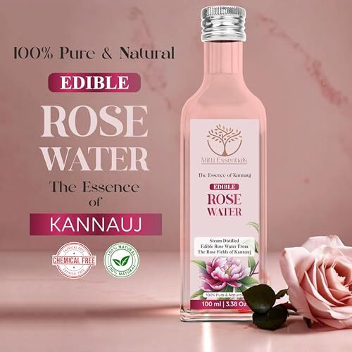Mitti Essentials Edible Rose Water - 100% Pure & Natural - For Cooking, Kheer, Biriyani & Desserts - Made With 40Kg Of Steam Distilled Kannauj Roses - 100 Ml Glass Bottle