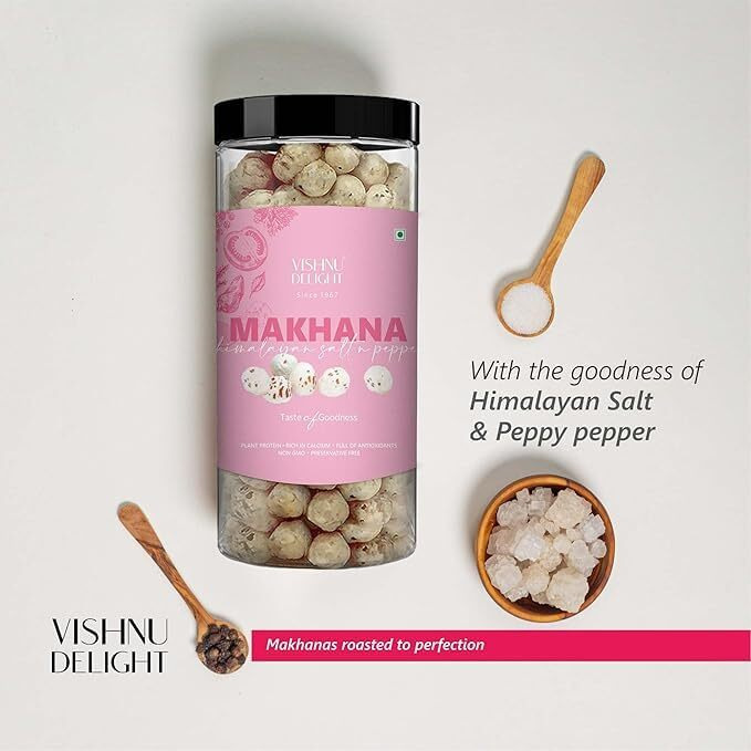 Vishnu Delight Organic Roasted Makhana Snack Packs, 2 X 90G, Himalayan Salt & Pepper Flavor - Healthy, Tasty, And Sustainably Sourced Fox Nuts With A Touch Of Himalayan Magic