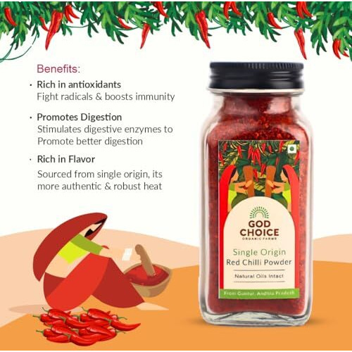 God Choice Organic Farms - Red Chilli Powder | Single Origin | No Additives | Iron-Pounded | Unadulterated | Lal Mirchi Powder | Mirchi Powder (200G)