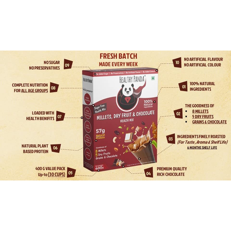 Healthy Panda Choco Millet Nutrition Drink For Kids 400G | No Added Sugar | 8 Millets & 5 Dry Fruits | Supports Overall Growth | 100% Fresh & Natural | Healthy Chocolate Drink For Children