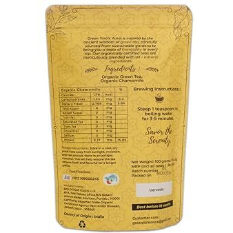 Green Tara's Aurai Chamomile Green Tea | Certified Organic 100Gm (3.52 Oz) | Whole Leaf Blend | Chamomile Flowers Infusion | No Preservatives | Resealable Zipper Pack
