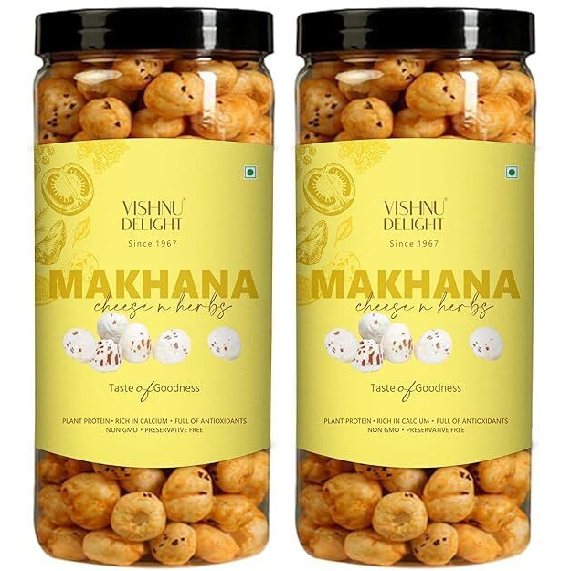 Vishnu Delight Flavoured Cheese & Herbs Organic Makhana Jar, 90G Each Pack Of 2 - Nutritious, Tasty, And Sustainably Sourced Fox Nut Snack