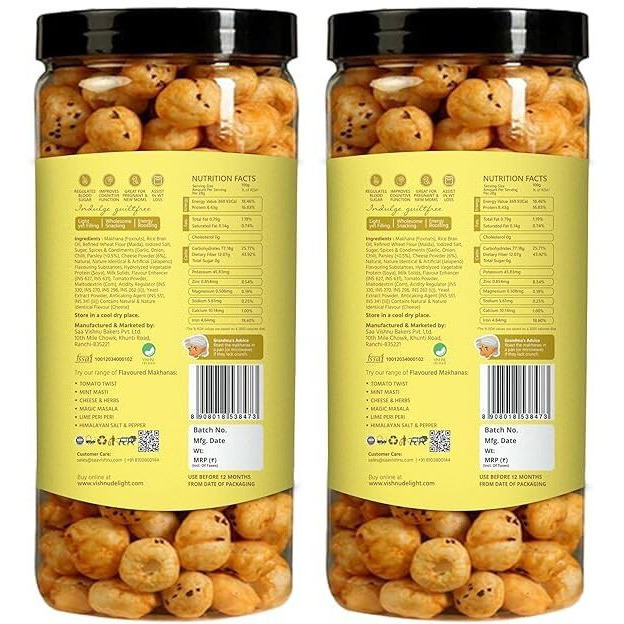Vishnu Delight Flavoured Cheese & Herbs Organic Makhana Jar, 90G Each Pack Of 2 - Nutritious, Tasty, And Sustainably Sourced Fox Nut Snack